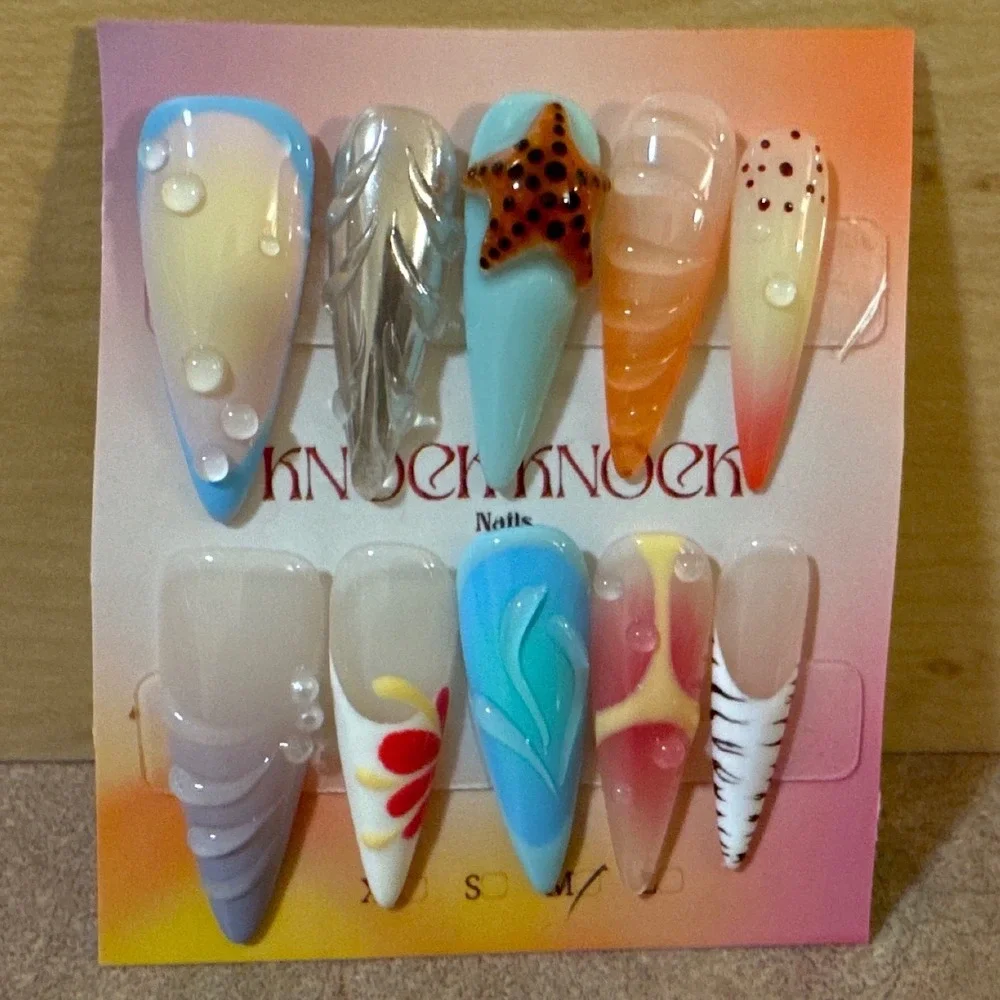 3D Ocean Tropical Press On Nails Long Stiletto‎ Starfish Shell